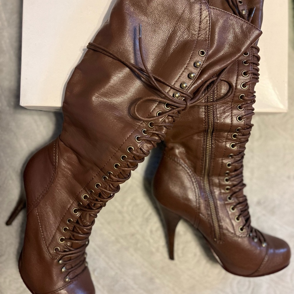Brown knee high lace up stiletto platform boots with inside zip